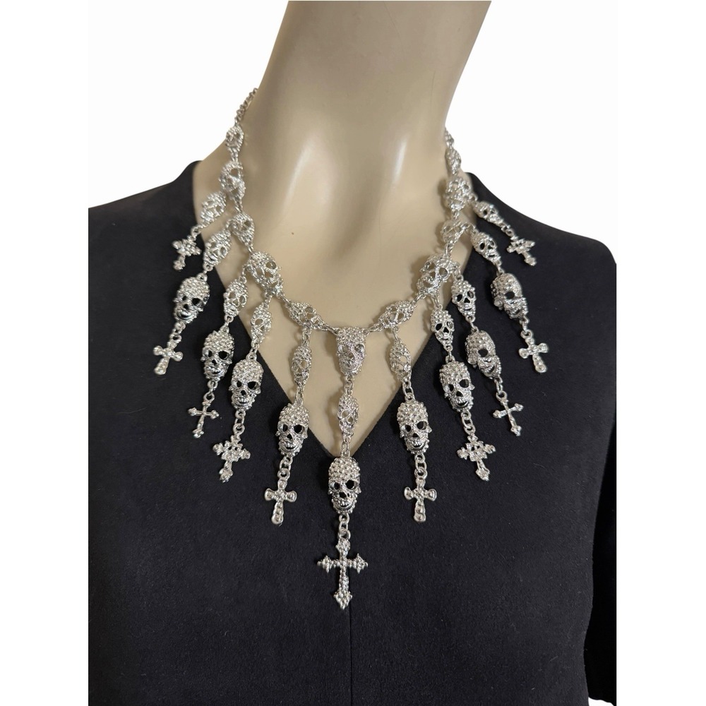 Gothic Skull Cross Bib Necklace NWT Silver Tone Cascading Statement Rocker Punk